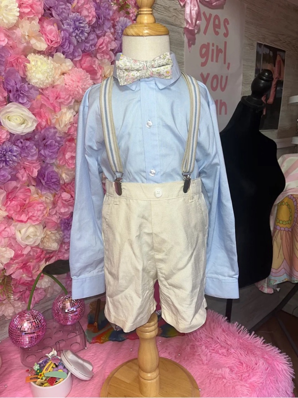 Light Blue Shirt with Cream Suspenders and Floral Bow Tie for Kids